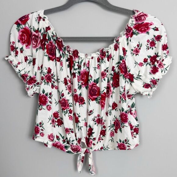 DIVIDED H&M | White Rose Print Floral Off-Shoulder Tie Front Top Women’s Size L - Picture 1 of 8